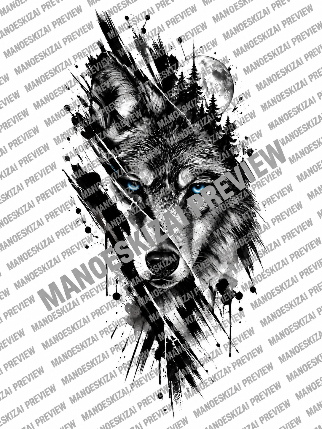 Vilkas mėlynomis akimis – 1/1 tatuiruotės eskizo peržiūra