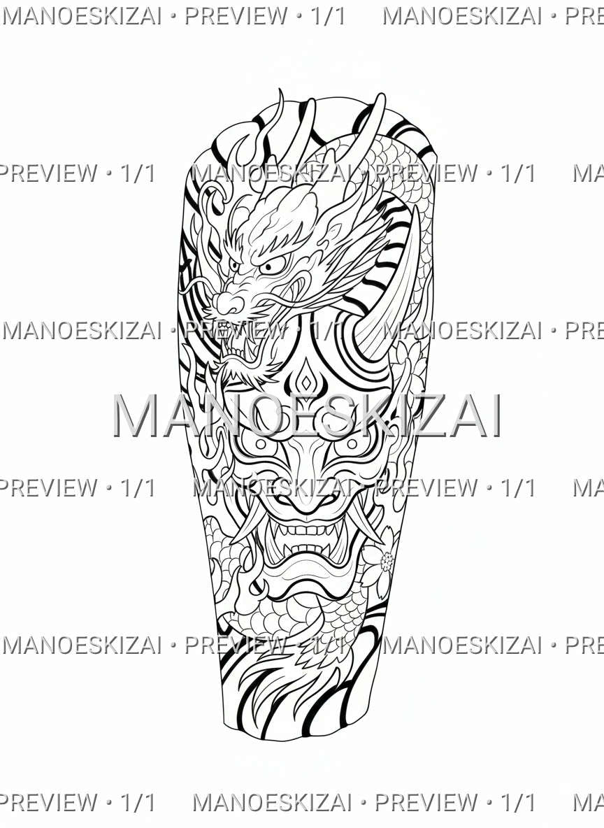 Skaitmeninis tatuiruotės dizainas: Japonų drakonas ir kaukė (1/1) – apsaugota ManoEskizai peržiūra