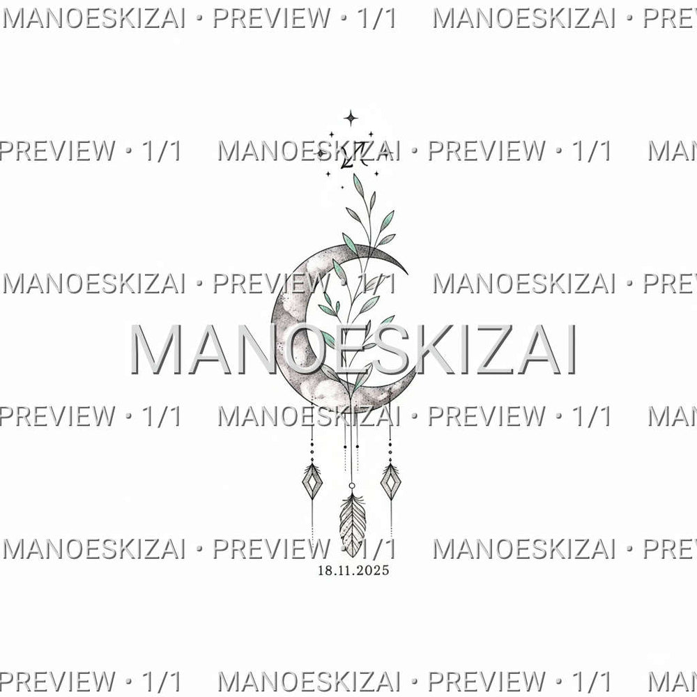 Subtilus mėnulio ir Šaulio zodiako ženklo tatuiruotės dizainas su šakele ir data – apsaugota ManoEskizai peržiūra