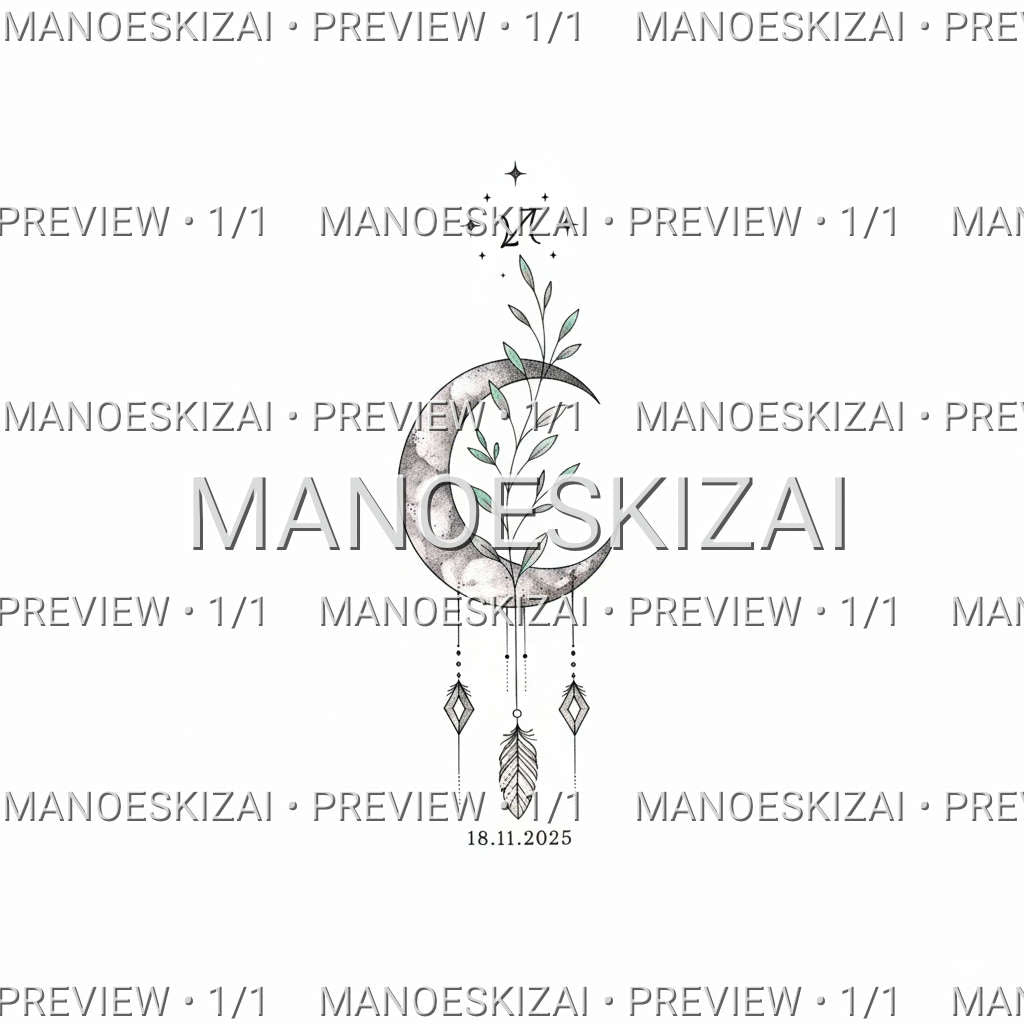 Subtilus mėnulio ir Šaulio zodiako ženklo tatuiruotės dizainas su šakele ir data – apsaugota ManoEskizai peržiūra